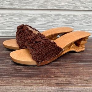 Women’s Brown Slip On Sandals Carved Wood Heels